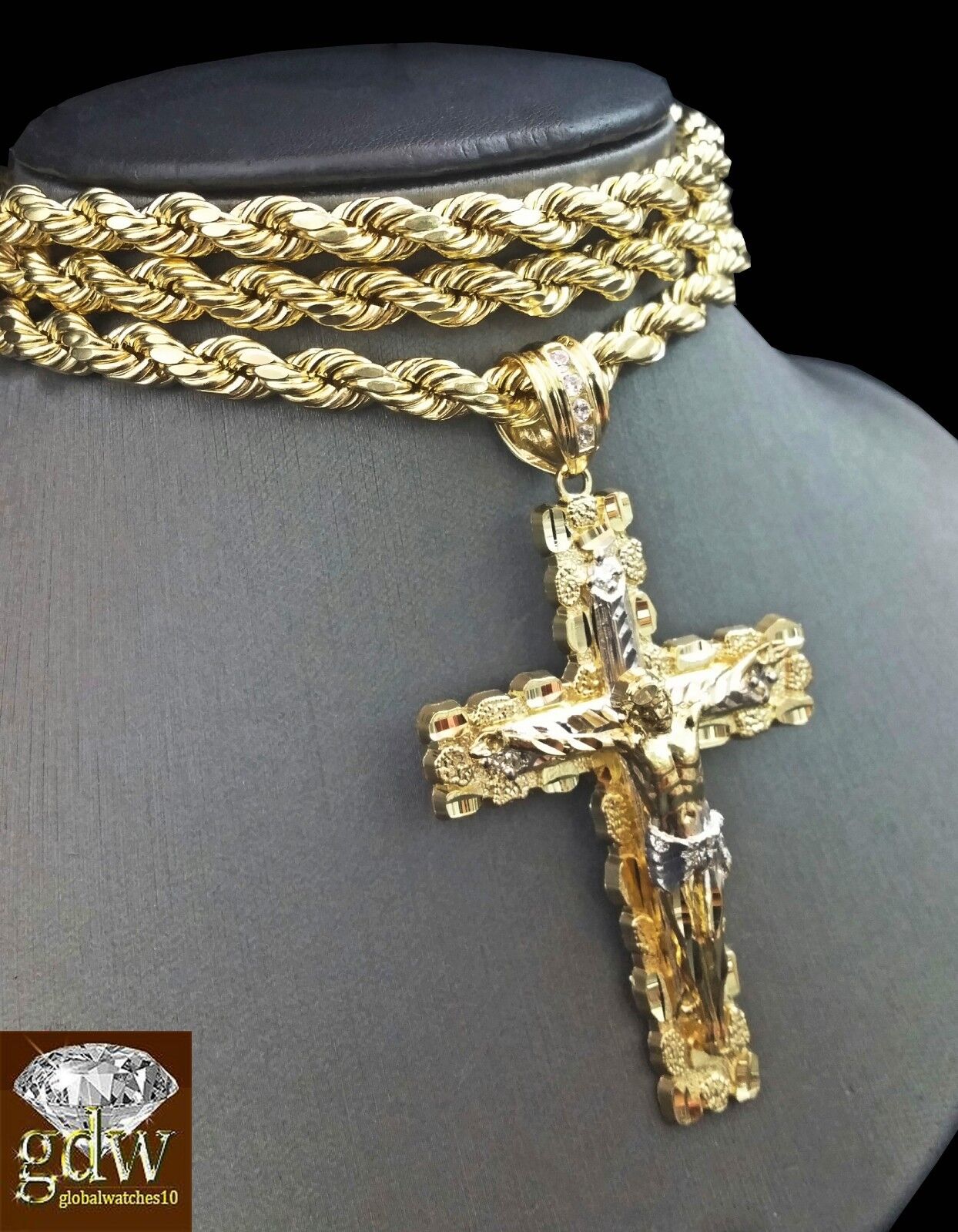 Real 10K Yellow Gold 28 Inch Rope Chain with Jesus Cross Charm Pendant - GoldenlinQ